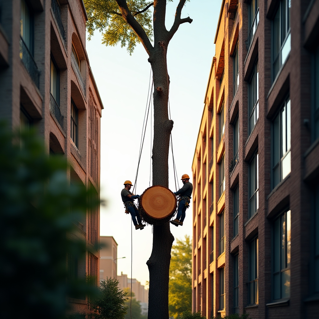 Sezionamento progressivo di albero in area urbana con calata controllata dei tronchi