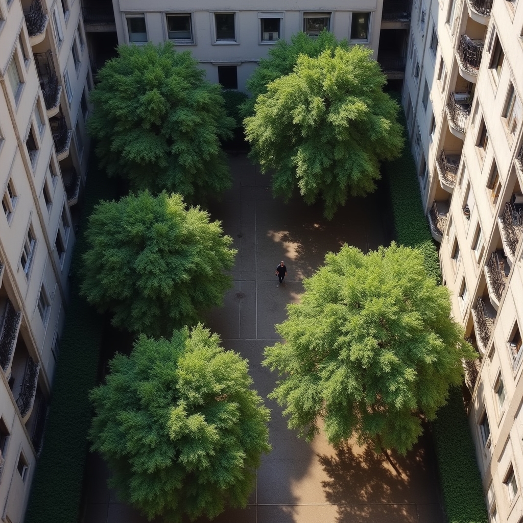 Alberi ad alto fusto in cortile condominiale con edifici circostanti