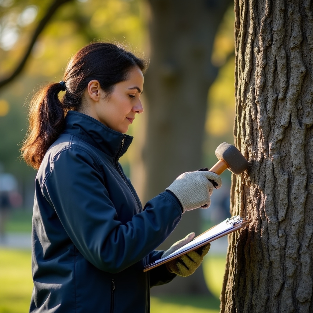 Arborista che esegue valutazione visiva del tronco di un albero urbano