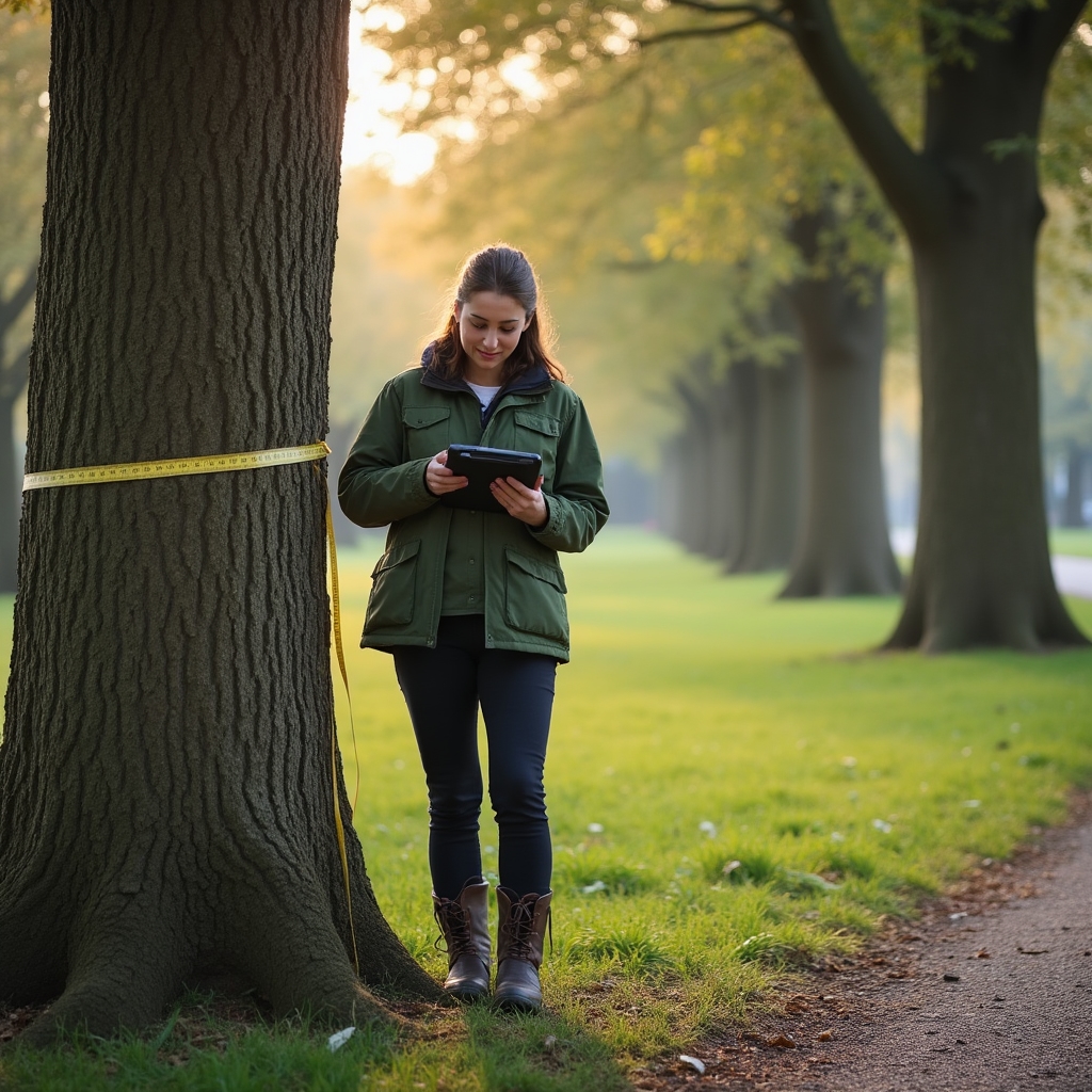 Tecnico che esegue censimento arboreo in parco urbano con tablet e strumenti di misura