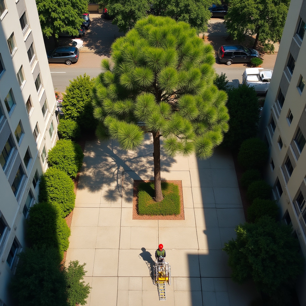 Potatura di pino marittimo in area condominiale con tecnica tree climbing