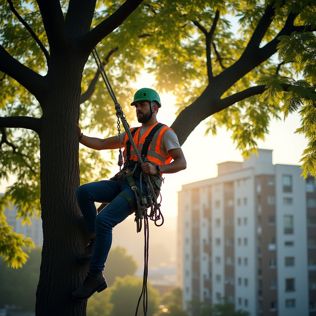 Arborista in tree climbing durante potatura di albero ad alto fusto in contesto urbano